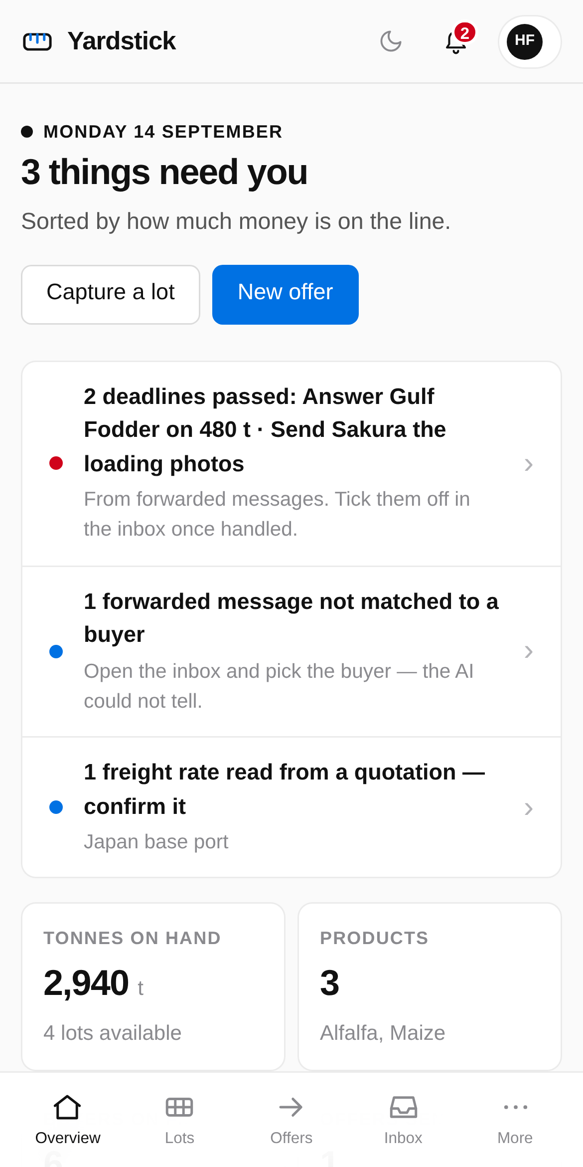 Marktender overview on the phone: what needs you today